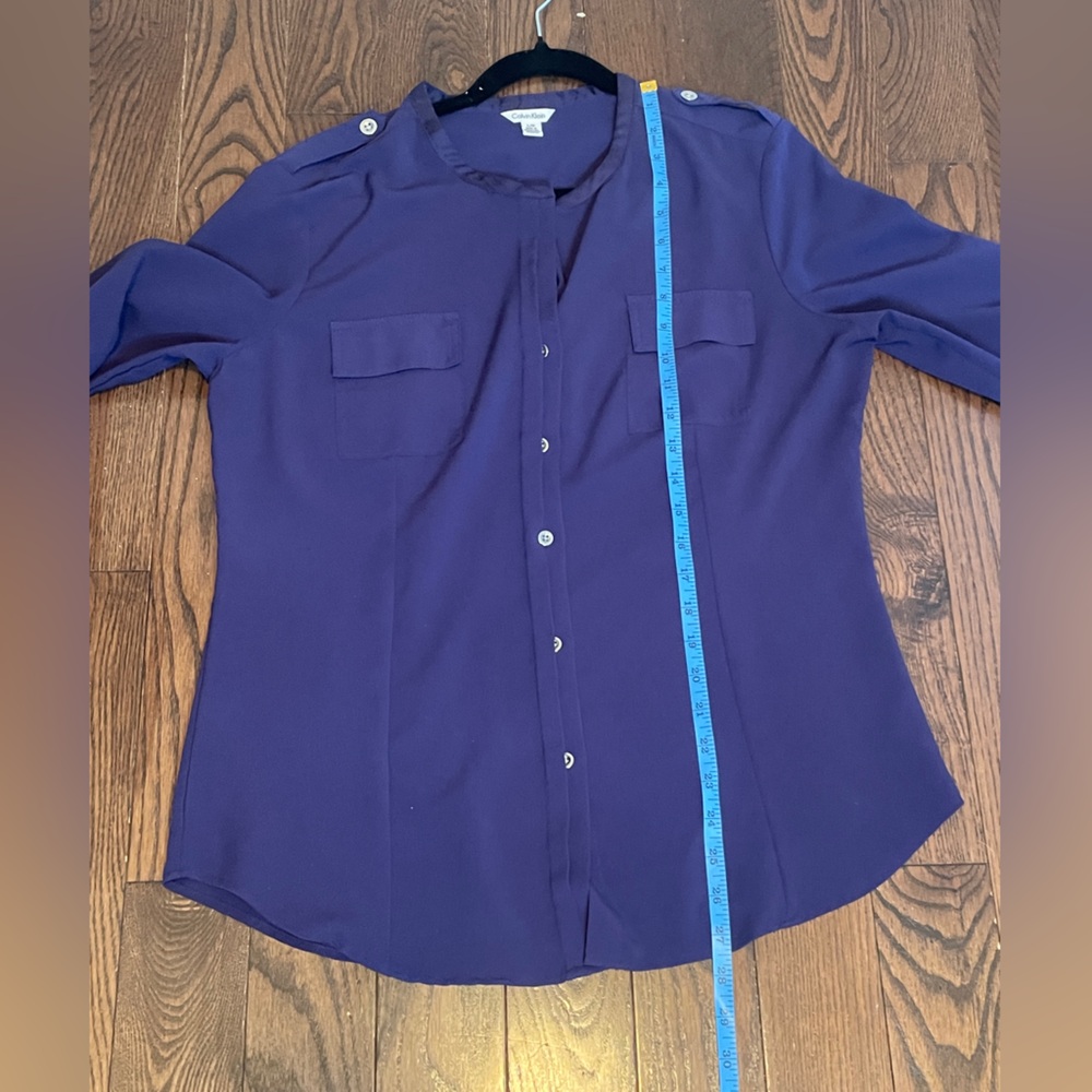 Calvin Klein Women Large Navy Purple Button Down L/S Roll Tab Blouse Top - Picture 10 of 12